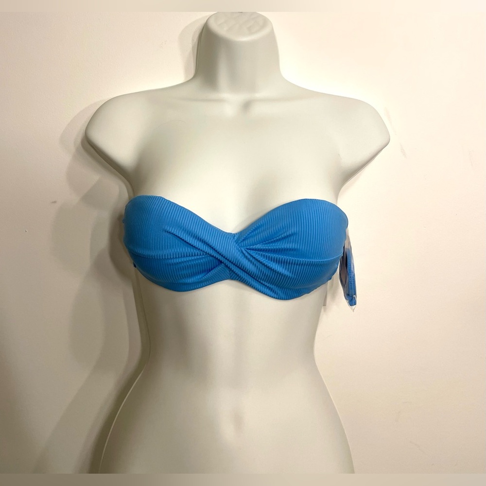 New 34A Victoria's Secret Blue Twisted Bandeau Bikini Top Ribbed with Gold Clasp